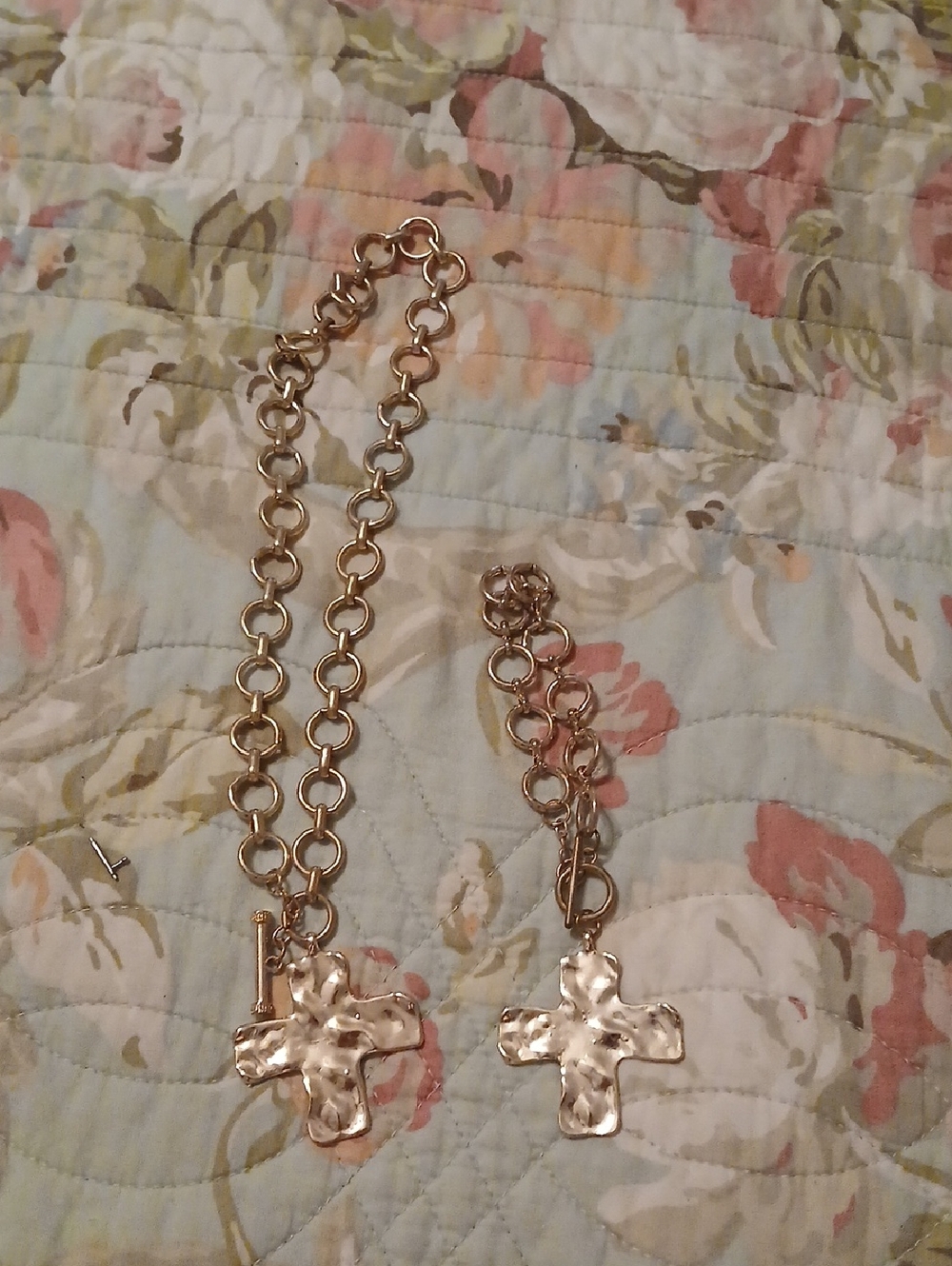 Hammered Cross Necklace and Bracelet Set in Gold-Tone